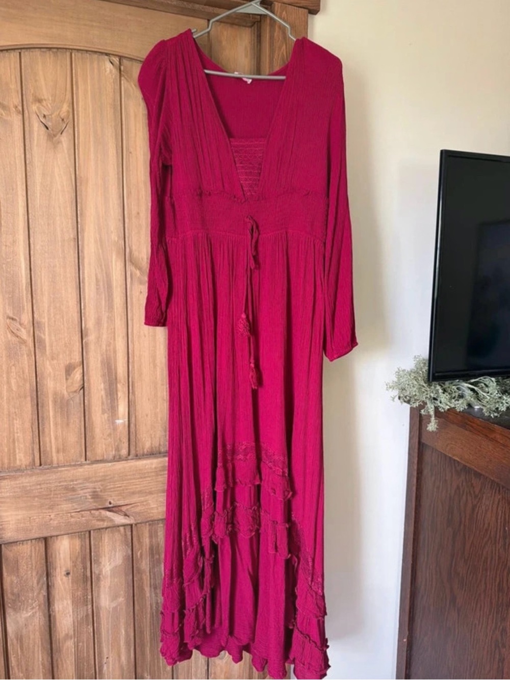 Pink Lily Fuchsia Long Sleeve Tiered Maxi Dress